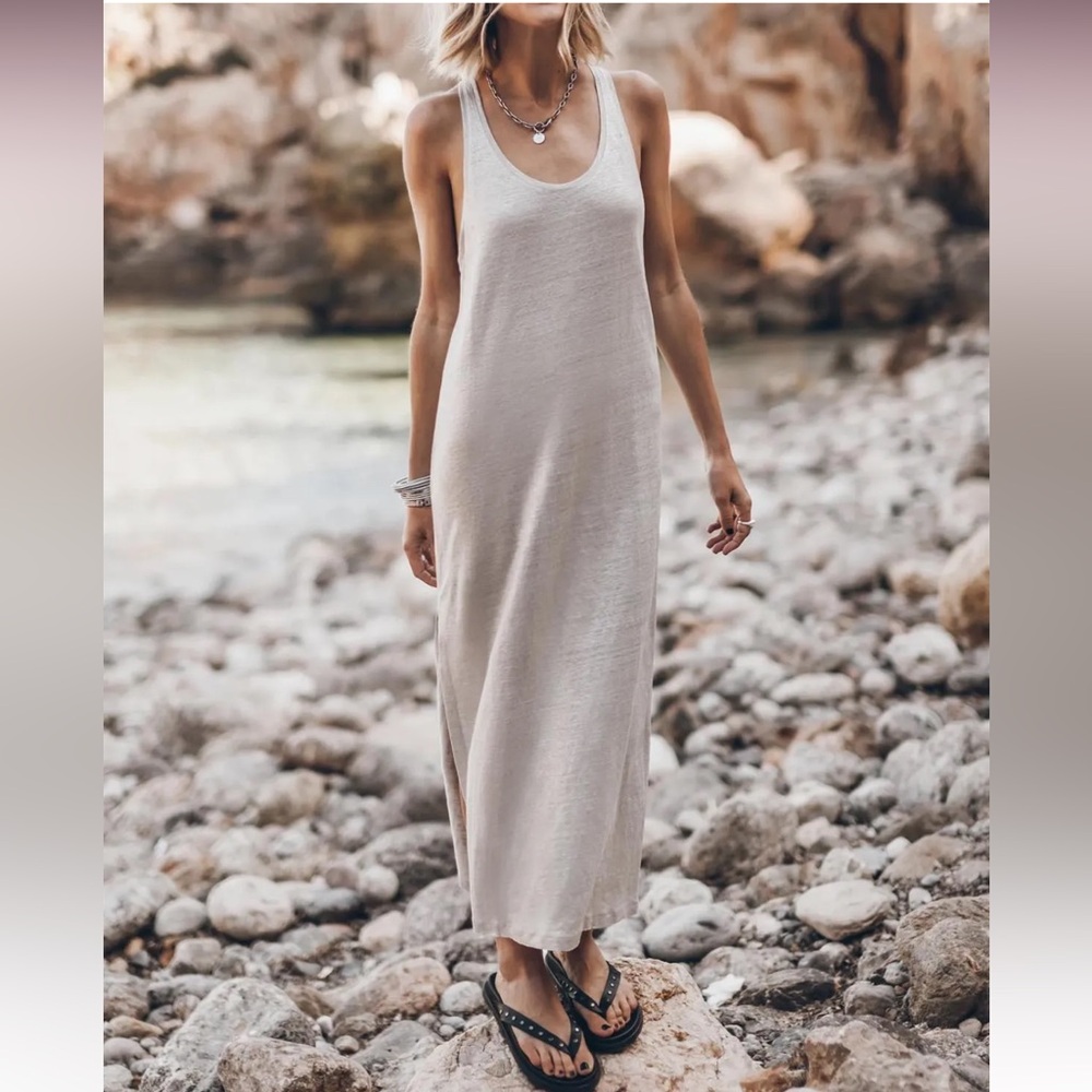 Mikuta silver linen twist back tank maxi dress